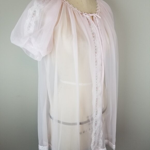 Vintage 1950's Pink Chiffon w/ Rosebuds Romantic Sheer Robe by Miss Elaine * NEW - Picture 9 of 11